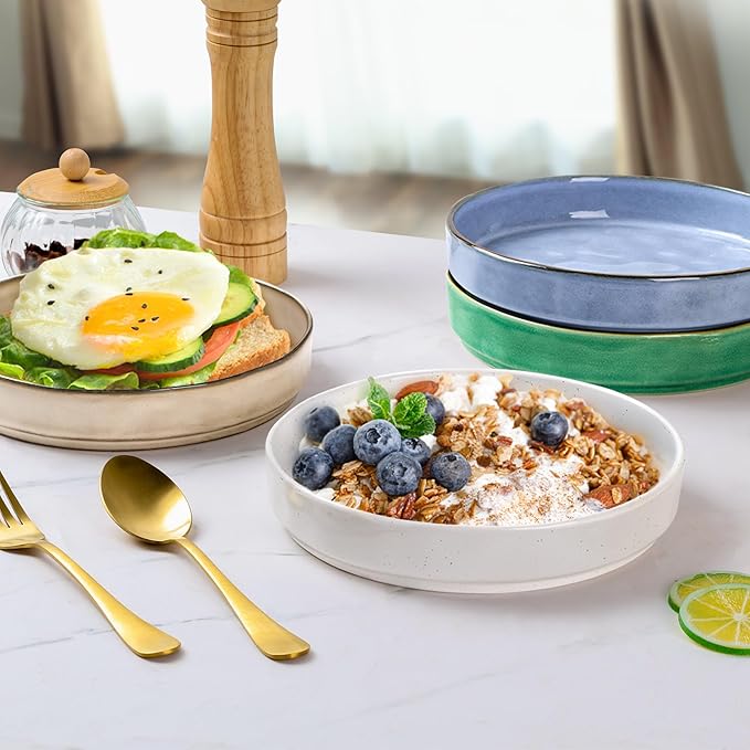 E-far Pasta Bowls Set of 4, 30oz Shallow Salad Bowls for Dinner Serving, 8.25" Stoneware Ceramic Bowl Plates for Noodle Soup, Microwave & Dishwasher Safe, Reactive Glaze, Assorted Colors