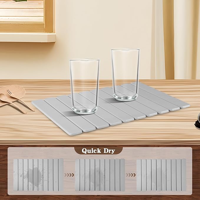 Stone Dish Drying Mat for Kitchen,Fast Dry and Quickly Absorbed Collapsible Drying Mat, 24"×16" Protection Kitchen Counter , Diatomaceous Earth Food Grade Stone Drying Trays (Grey, 16*24 inch)
