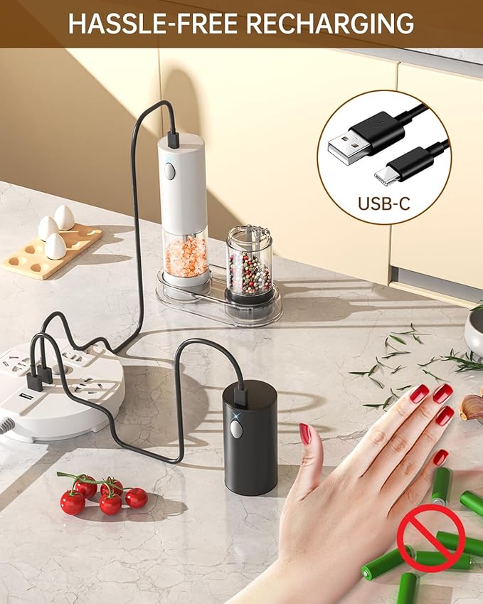 CIRCLE JOY Electric Salt and Pepper Grinder Set Rechargeable Salt and Pepper Mills with Storage Base, Adjustable Coarseness and LED White Light, Washable 95ml Container, Black & White
