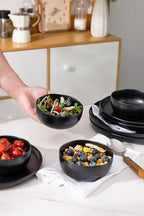 AmorArc Stoneware Cereal Bowls for Kitchen, 28oz Large Ceramic Soup Bowls Set of 6 for Meal, Chip-Resistant Kitchen Bowls with Wavy Rim, Reactive Glaze-Matte Black