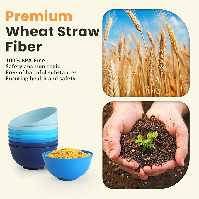 Homienly Wheat Straw Bowls, 8 PCS Microwave Safe Bowl Unbreakable for Salad, Soup, Cereal, Oatmeal, Reusable Plastic Bowls for Kithen, Family, Camping, Party, Dishwasher Safe, 26 OZ (Gradient Blue)