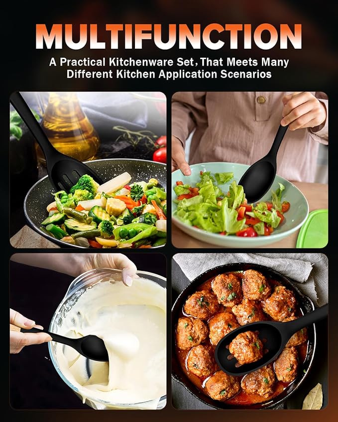 Silicone Cooking Spoons, Great for Scooping Sides and Serving Hearty Stews, BPA-Free Matte Silicone, Wooden Handle Serving Spoon for Nonstick Cooking Surfaces (Black)