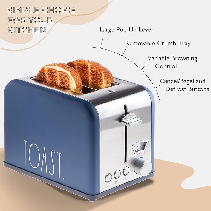 Rae Dunn Toaster, Stainless Steel 2 Slice Square Toaster, Wide Slot with 5 Browning Levels, with Bagel, Defrost and Cancel Options (Navy)