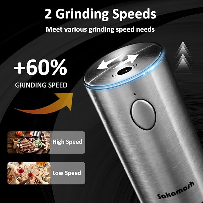 Electric Salt and Pepper Grinder Set Rechargeable, Auto One-handed Operation Pepper Mill with LED Light, EXT. Coarseness Adjustment, 2-Speed Control, Stainless Steel Salt Shakers (2 Pack)