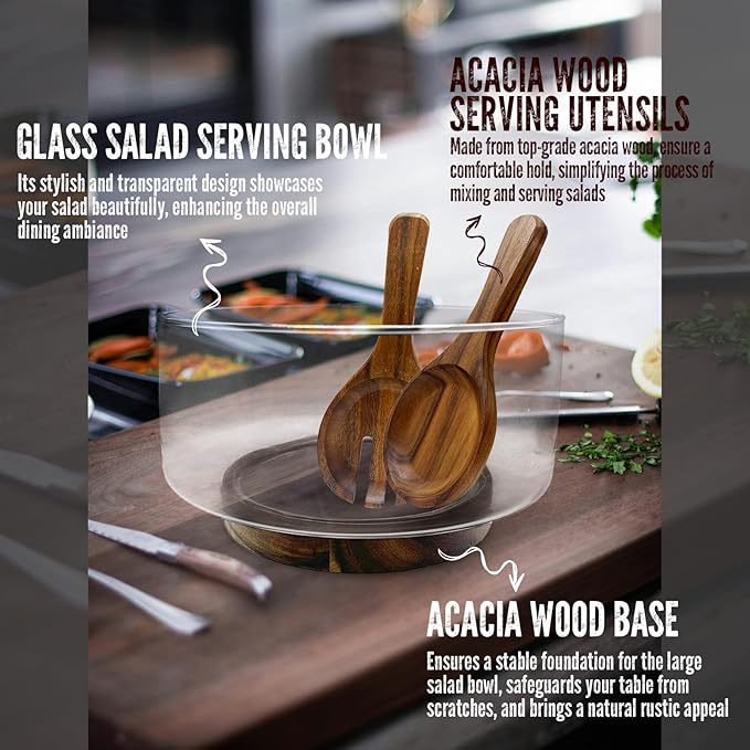 Premium Large Glass Salad Bowl Set with Acacia Wood Base and Serving Utensils - Ideal for Hosting Parties, Host Family Gatherings, and Everyday Use - Elegant, Durable, and Practical Kitchen Essential