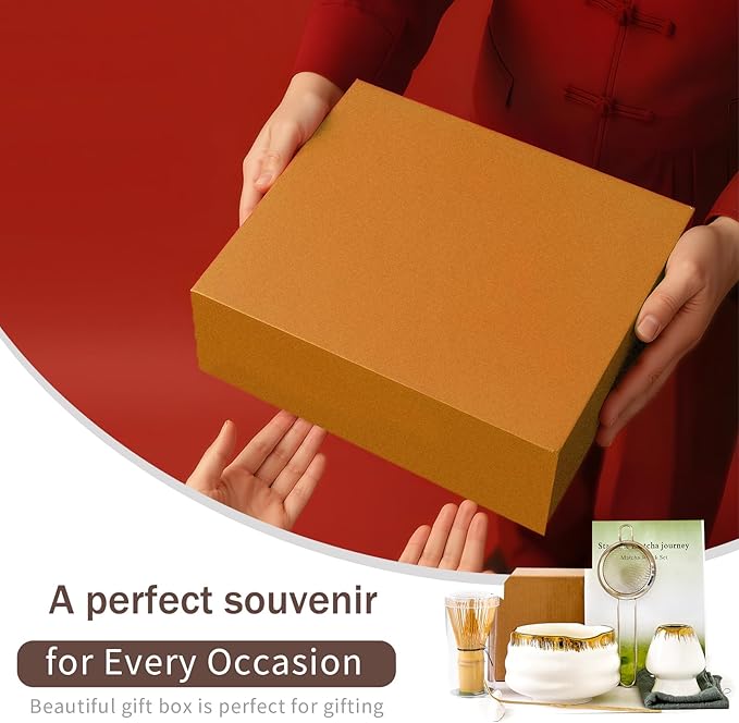 XiaoQuilismic-Matcha Whisk Set: Bamboo blender, matcha bowl, cute stand, ritual tool, Sieve - Family travel with golden texture details, 7-piece set, suitable bowl (yellow)