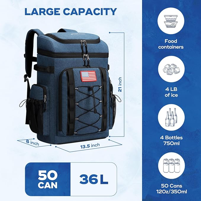Maelstrom Backpack Cooler,Soft Lightweight Leakproof Cooler Backpack,50 Can Insulated Cooler Bag,Keeps 50 Cans Hot/Cold for Up to 16 Hours,Waterproof Lunch Backpack for Men Women-Blue