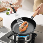 Beijiyi Stainless Steel Fish Spatula Set of 2, 13.5" & 11.7" Slotted Turner with Silicone Handle, Curved Blade, Metal Spatulas for Kitchen Use, Cooking Utensils for Flipping Fish, Burger and Grilling