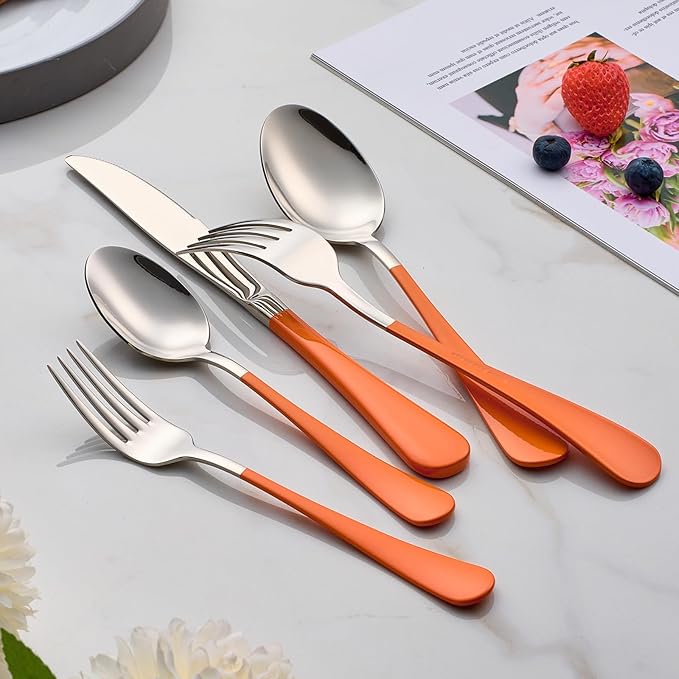 20-Piece Orange Silverware Set 18/0 Stainless Steel Flatware Orange Handle Cutlery Set Service for 4 Dinner Knives Forks Spoons Set Mirror Finish Dishwasher Safe