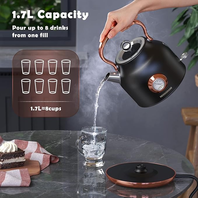 Retro Electric Kettle, 1.7L Stainless Steel Tea Kettle with Large Temperature Gauge, 1500W Fast Heating Hot Water Boiler with LED Indicator, Auto Shut-off & Boil-Dry Protection-Reteo Black