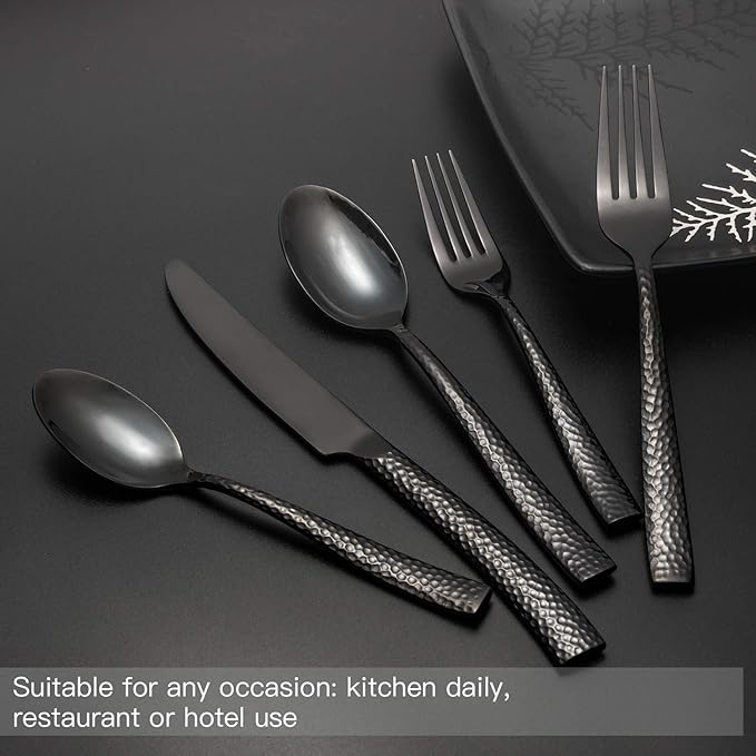 Flatware Set Silverware Set 20 Pieces Mirror Finished Black Stainless Steel Cutlery Set Forged with Hammered Handle Service for 4