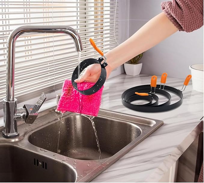 6 Packs Professional Pancake Ring Set,3" Omelette Ring,4" Non-stick Griddle Pancake Shapers with Oil Brush,6" Stainless Fried Egg Molds with Orange Anti-scald Silicone Handle,8" Pancake Molds