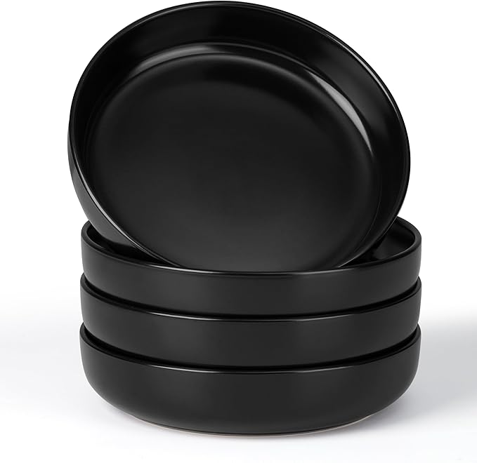 E-far Pasta Bowls Set of 4-35oz Ceramic Large Serving Salad Bowls, Wide & Shallow Stoneware Pasta Plates for Salad, Soup, Dinner| Dishwasher & Microwave Safe | Matte Black