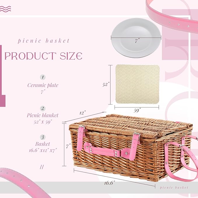 Picnic Basket Set for 4 with Waterproof Blanket Mat Insulation Bag Wicker Pink Floral Classic Fresh Gift for Wedding Birthday Summer Camp Outdoor Camping Beach Travel Christmas Thanksgiving