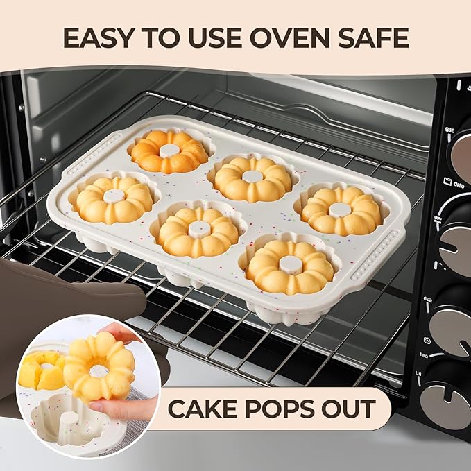 Mini Fluted Tube Cake Pans for Baking with Metal Reinforced Frame, 2Pcs Silicone 6-Cavity Mini Flan Molds, Nonstick Baking Mold for Cupcake, Brownie, Donuts, Cornbread, Jello