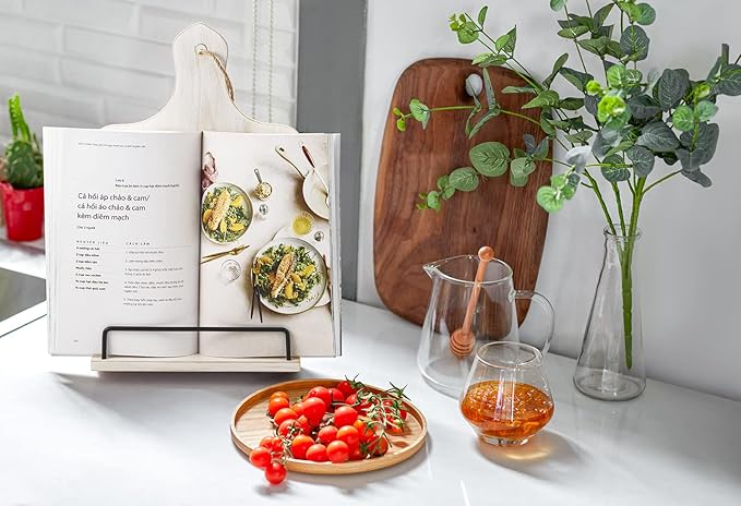 Cookbook Stand, Rustic Wood Cookbook Holder Cutting Board Style, Adjustable Recipe Ipad Tablet Book Holder and Stand for Kitchen with Anti-Slip Kickstand (White)