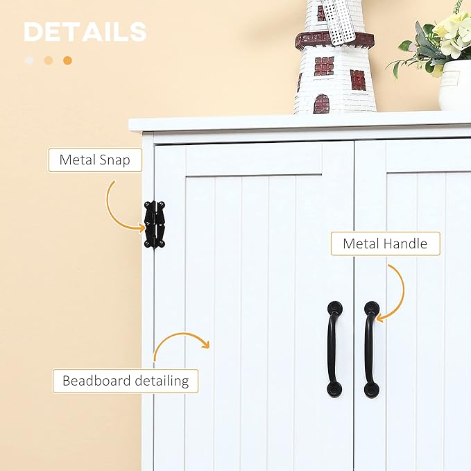 HOMCOM 48.5" Kitchen Pantry Cabinet with 2 Adjustable Shelves and 4 Beadboard Doors, Compact Farmhouse Kitchen Storage Cabinet for Dining Room, White