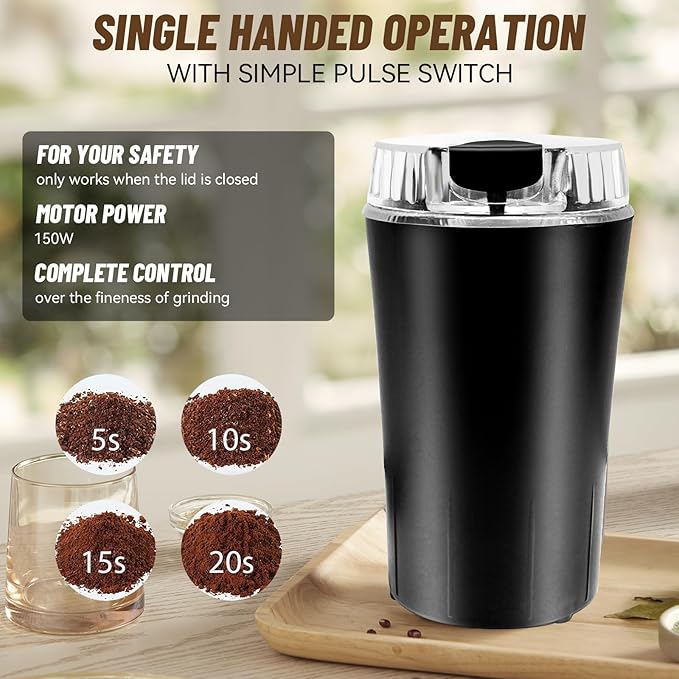 Small Coffee Grinder and Herb Grinder with 150W Powerful Motor & Anti-Skid Bottom, Designed for Grinding Spices, Nuts, and Coffee