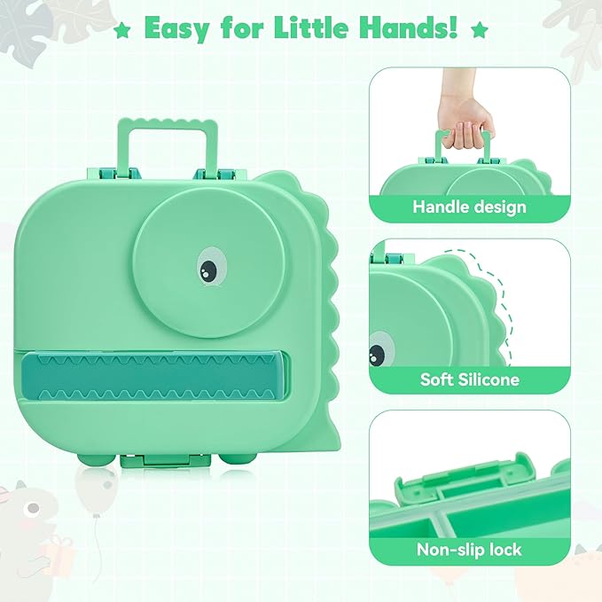 Bento Lunch Box with Thermo, 4-Compartment Bento Box with Adjustable Dividers, Leakproof Dinosaur Lunch Box with 14.2OZ Insulated Food Jar & Sauce Jar, for School Office Travel(Green)