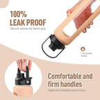 Kodrine Water Bottle with Straw, 24 oz Glass water Bottle with 2 Lids Bamboo Straw Lid and Spout Lid with Handle, 32 oz Clear Water Bottle Glass for Sports Travel, Waterbottle with Time Marker