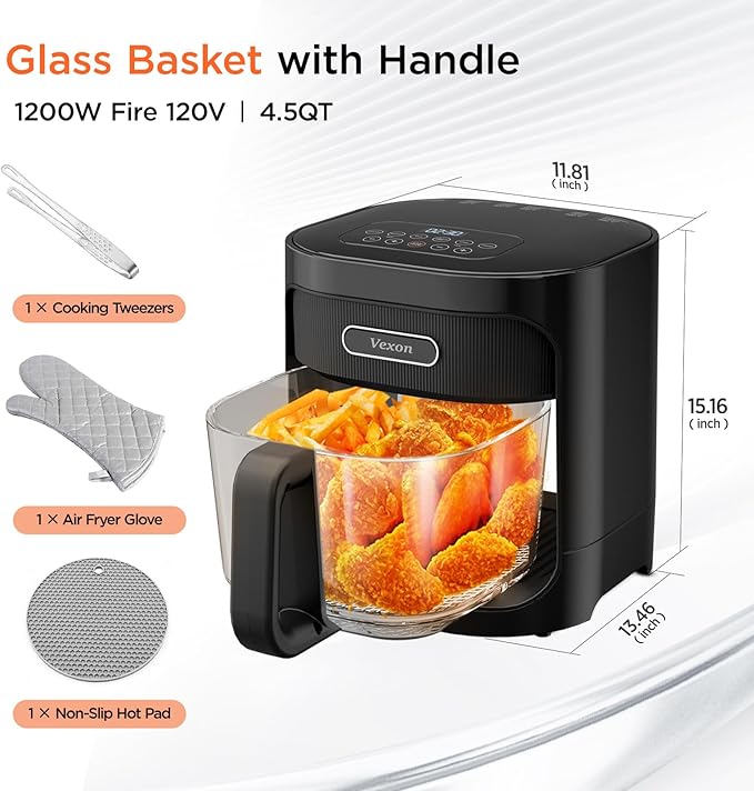 Vexon 4.5L Glass Air Fryer ，Clear Viewing Window ，Easy-to-Clean Basket ，Multiple Cooking Modes ，User-Friendly Digital Controls (Black)