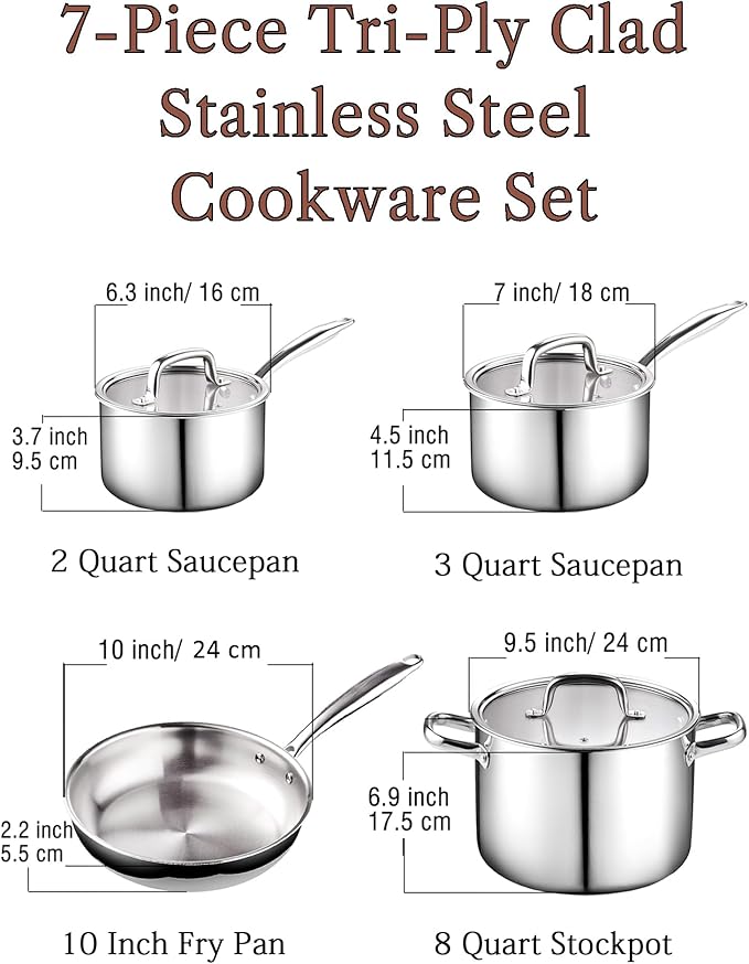 Cook N Home 7-Piece Tri-Ply Clad Stainless Steel Cookware Set, Pots and Pans Kitchen Set with Tempered Glass Lids, Induction-Ready, Dishwasher-Safe, Silver