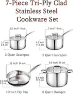Cook N Home 7-Piece Tri-Ply Clad Stainless Steel Cookware Set, Pots and Pans Kitchen Set with Tempered Glass Lids, Induction-Ready, Dishwasher-Safe, Silver