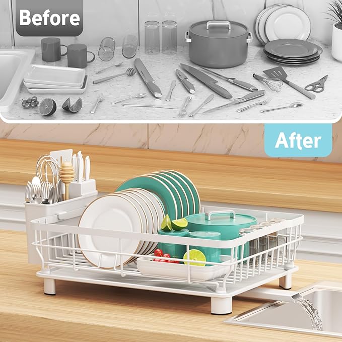Dish Drying Rack - Space Saving Dish Rack - Dish Racks for Kitchen Counter with Drainboard,Rustproof Dish Drainer with Removable Utensil Holder,White