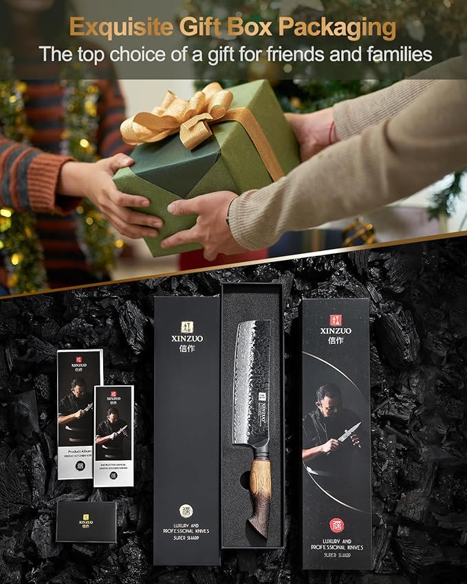 XINZUO 7 Inch Nakiri Knife, Hand Forged Damascus Steel Asian Chopping Chef Knife, Professional Meat Vegetable Kitchen Knife,Comfortable Grip White Oak Handle Usuba Knife