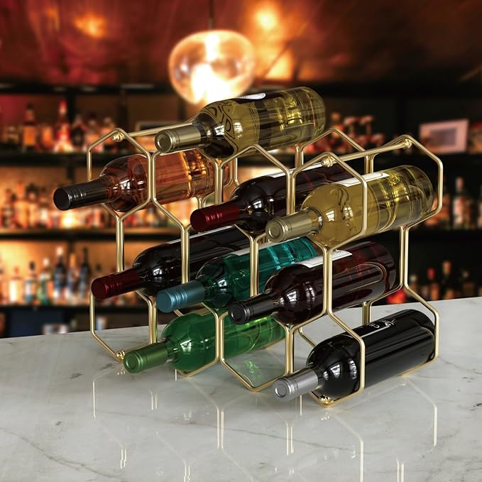 Buruis Countertop Wine Rack, 14-Bottle Modern Freestanding Metal Holder for Red and White Wine, Tabletop, Kitchen, Bar, and Cabinet Storage (Gold)
