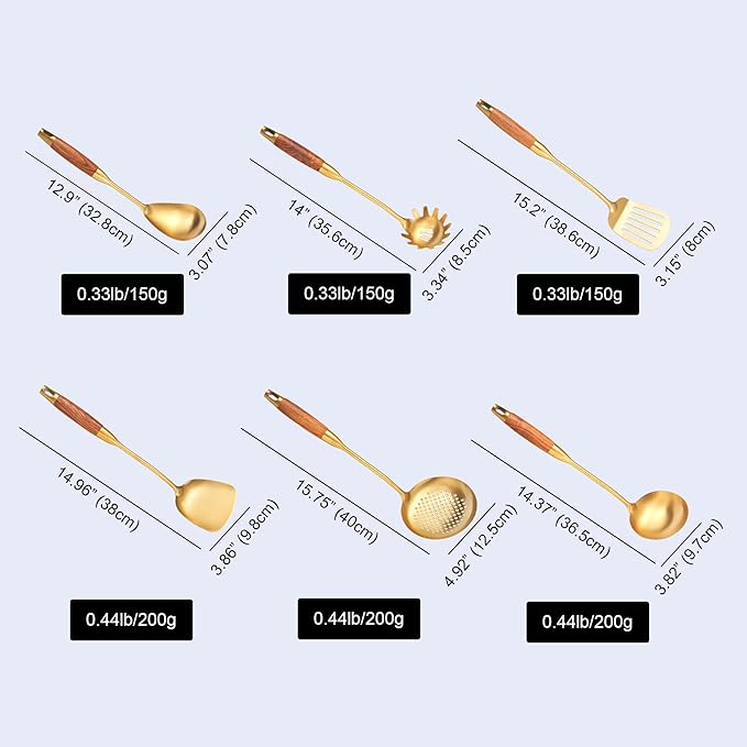 Gold Kitchen Utensils Set with Wooden Handle, 6 PCS Professional Cooking Utensils Set, Wok Spatula, Ladle, Skimmer, Slotted Spatula Turner, Spaghetti Spoon, Large Spoon