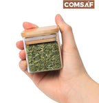 ComSaf 12Pcs Glass Spice Jars with Bamboo Lid, 4oz Airtight Square Spice Containers with 275 Black Lables, Empty Seasoning Jars for Spice Salt Sugar