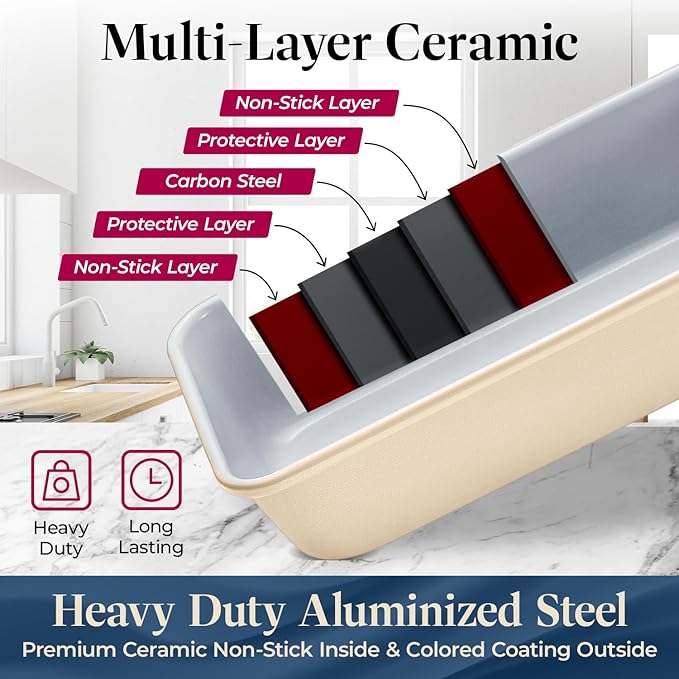 Square Cake Pan - Aluminized Steel, Ceramic Non-Stick Coating, Non-Toxic, Ideal Size, Heavy-Duty, Elevate Your Baking with Durability and Style!