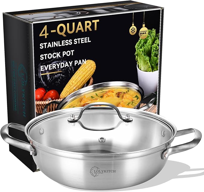 LOLYKITCH 12 Inch Tri-Ply Stainless Steel Sauté Pan with Lid,4 QT Hot Pot, Everyday Pan,Kadhai,Induction Cooking Pan,Jumbo Cooker,Dishwasher and Oven Safe.