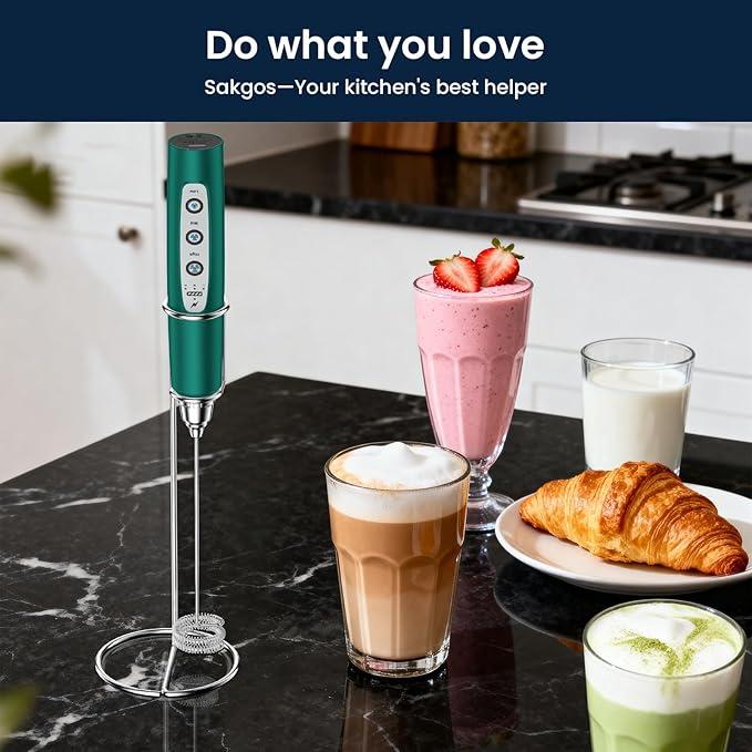 Milk Frother with Stand-Rechargeable Handheld Coffee Frother with 3 Stainless Whisks 3 Speed Adjustable, Electric Whisk Drink Mixer, Foam Maker Blender for Matcha Latte Cappuccino Chocolate