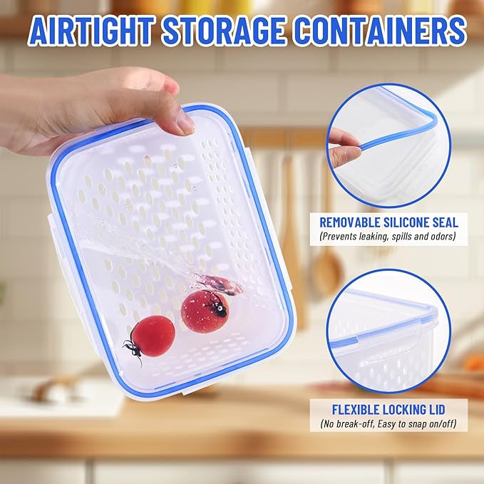 Large Fruit Containers for Fridge - Leakproof Food Storage Containers with Removable Colander - Dishwasher safe Produce Containers Keep Fruits, Vegetables, Berry, Meat Fresh longer (3)