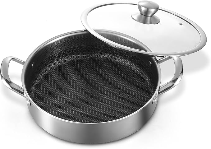 Saute Pan,10 Inch Nonstick Deep Frying Pan,316L Stainless Steel Sauté Pan with Lid,Induction Cooking Pan,PFOA Free Cookware,Dishwasher & Oven Safe
