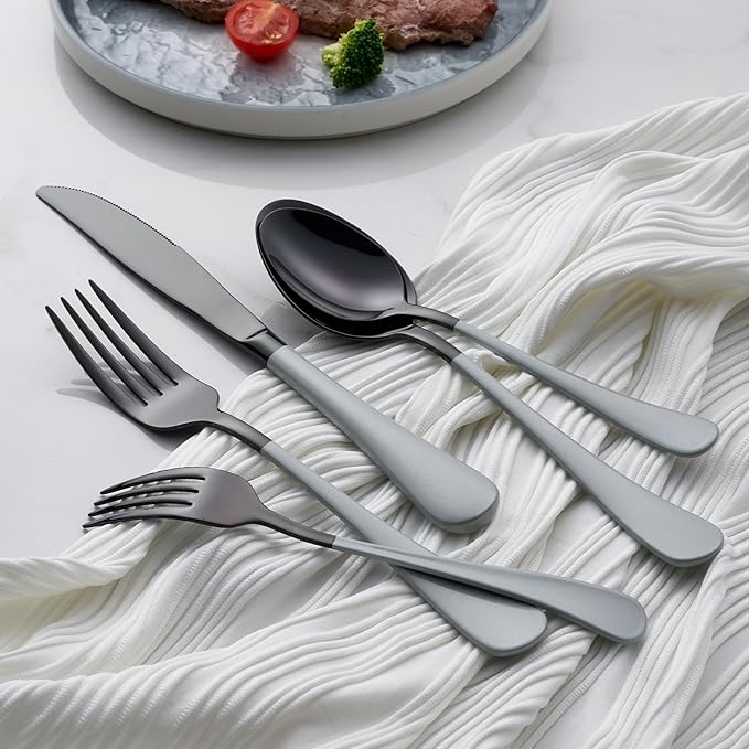 20-Piece Black Silverware Set 18/0 Stainless Steel Flatware Gray Handle Cutlery Set Service for 4 Dinner Knives Forks Spoons Set Mirror Finish Dishwasher Safe