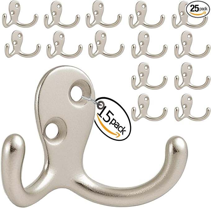 Coat Hooks Wall Hooks for hanging - 15 pack Silver Double Prong Hook Wall Mounted - Great for Living Room, Bedroom, Kitchen, Closet for Coat, Bag, Towel, Hat, Key, Cup, Heavy-Duty, Easy to Install