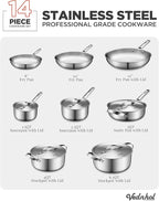 Stainless Steel Cookware Set, 14 Pcs Tir-Ply Pots and Pans Set, PFOA&PTFE Free, Dishwasher&Oven Safe, Kitchen Induction Compatible, ollas de acero inoxidable para cocinar