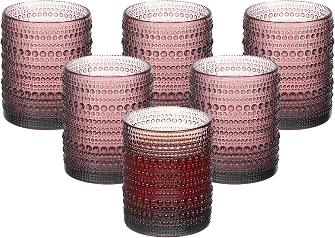 XKXKKE Hobnail Beaded Drinking Glasses Set of 6, 12 oz Vintage Glassware Set Romantic Water Glasses Tumbler, Water Cups, Clear Embossed Glassware Set for Beer, Juice, Cocktail, Soda, Beverages Purple