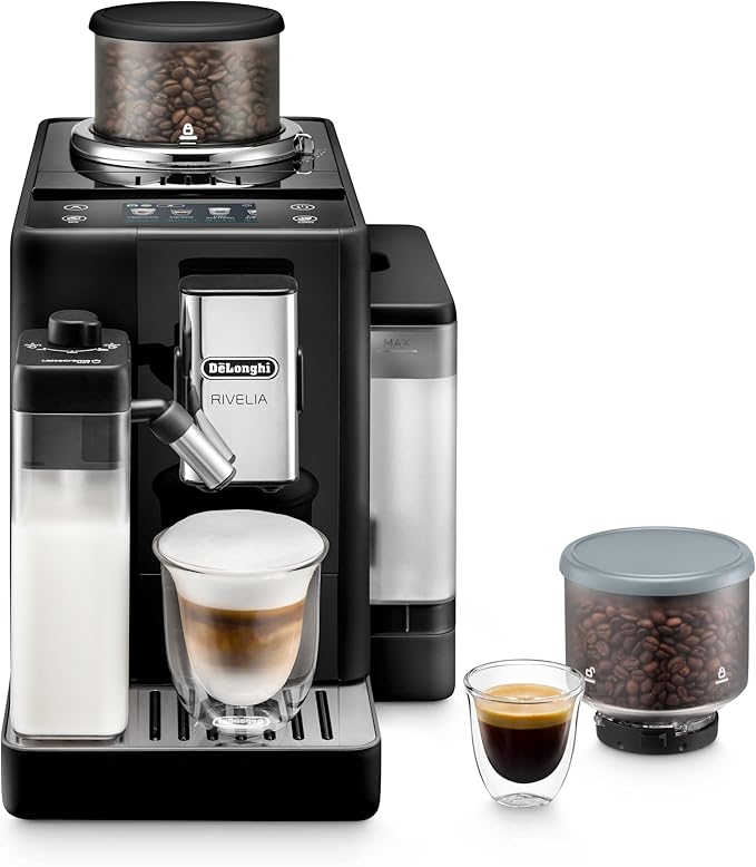 De'Longhi Rivelia Automatic Espresso Machine with Grinder & Milk Frother – All-in-One Coffee Maker, Hot & Iced Latte, Cappuccino, Bean Switch System, Burr Grinder, Compact Italian Design, Black