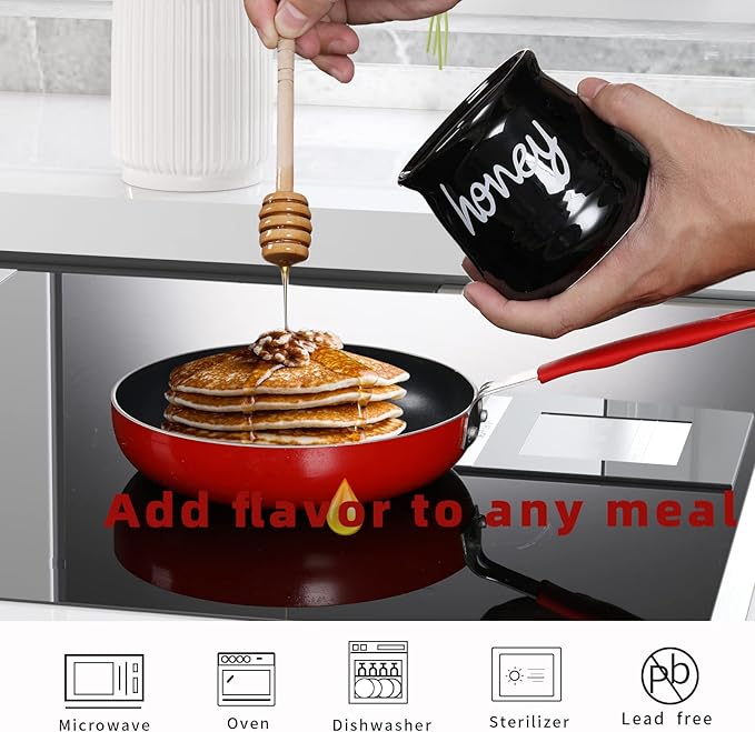 ONTUBE Honey Jar with Dipper and Lid, Ceramic Honey Pot 12oz, Black