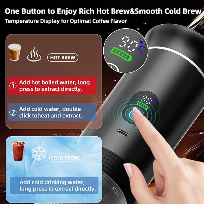 Portable Coffee Maker for Travel & Camping, Portable Espresso Maker for Travel, Rechargeable Cordless Battery Operated Coffee Makers for Ground Coffee, NS Capsule RV, Hiking, Office(Black)