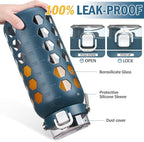 MUKOKO 64oz Glass Water Bottles with Straw and Lid,Half Gallon Water Bottle with Time Marker,Large Glass Water Jug with Silicone Sleeve and Stainless Steel Handle-Blue