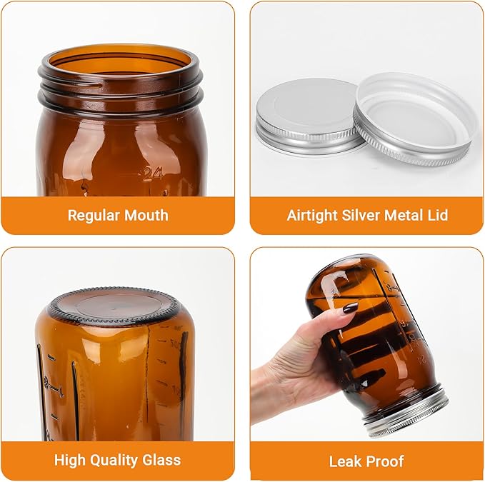 DHSBTLS 32 oz Glass Mason Jars, 6 Pack Amber Wide Mouth Glass Canning Jars with Silver Aluminum Lids and Bands, Airtight Jars for Food Storage, Canning, Overnight Oats, Fermenting, Pickling, Decor