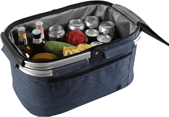 ALLCAMP OUTDOOR GEAR Large Picnic Basket 32L Shopping Basket Grocery Bags Folding Insulated Strong Frame Basket (Large Blue)
