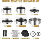 ROYDX New Model Hybrid Nonstick Cookware Set 19-Piece Stainless Steel Pots and Pans Set with Removable Handles, Save Space,Dishwasher and Oven Safe, Induction Ready, Compatible with All Cooktops
