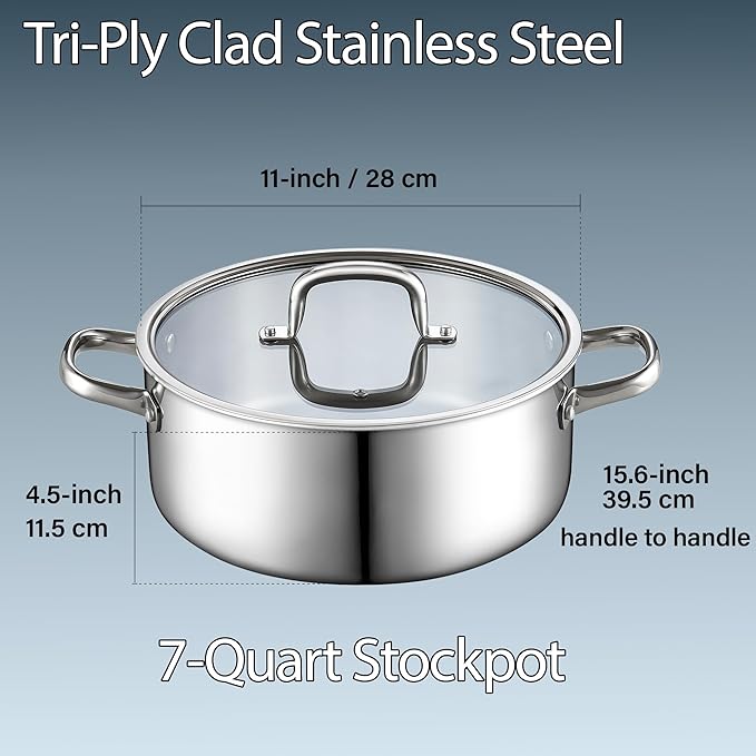 Cook N Home Stainless Steel Stockpot with Lid 7 Quart, Tri-Ply Clad Dutch Oven Soup Pot, Induction Cooking Pot, Silver