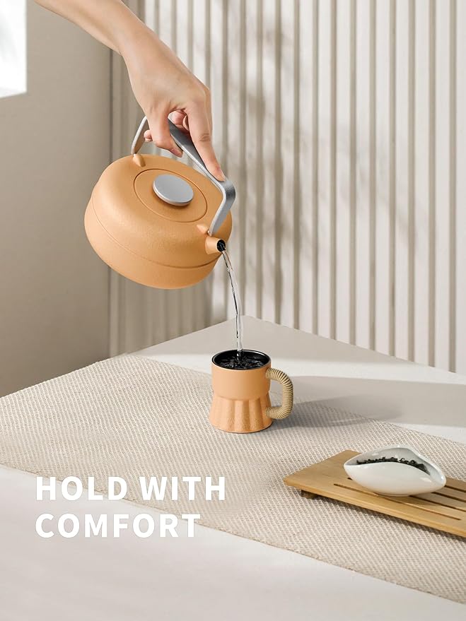 Toptier Teapot with Removable Infuser, Cast Iron Tea Kettle Stovetop Safe, Solid Geometry Cylinder Design Tea Pot Coated with Enameled Interior for 27 Ounce (800 ml), Yellow to Orange